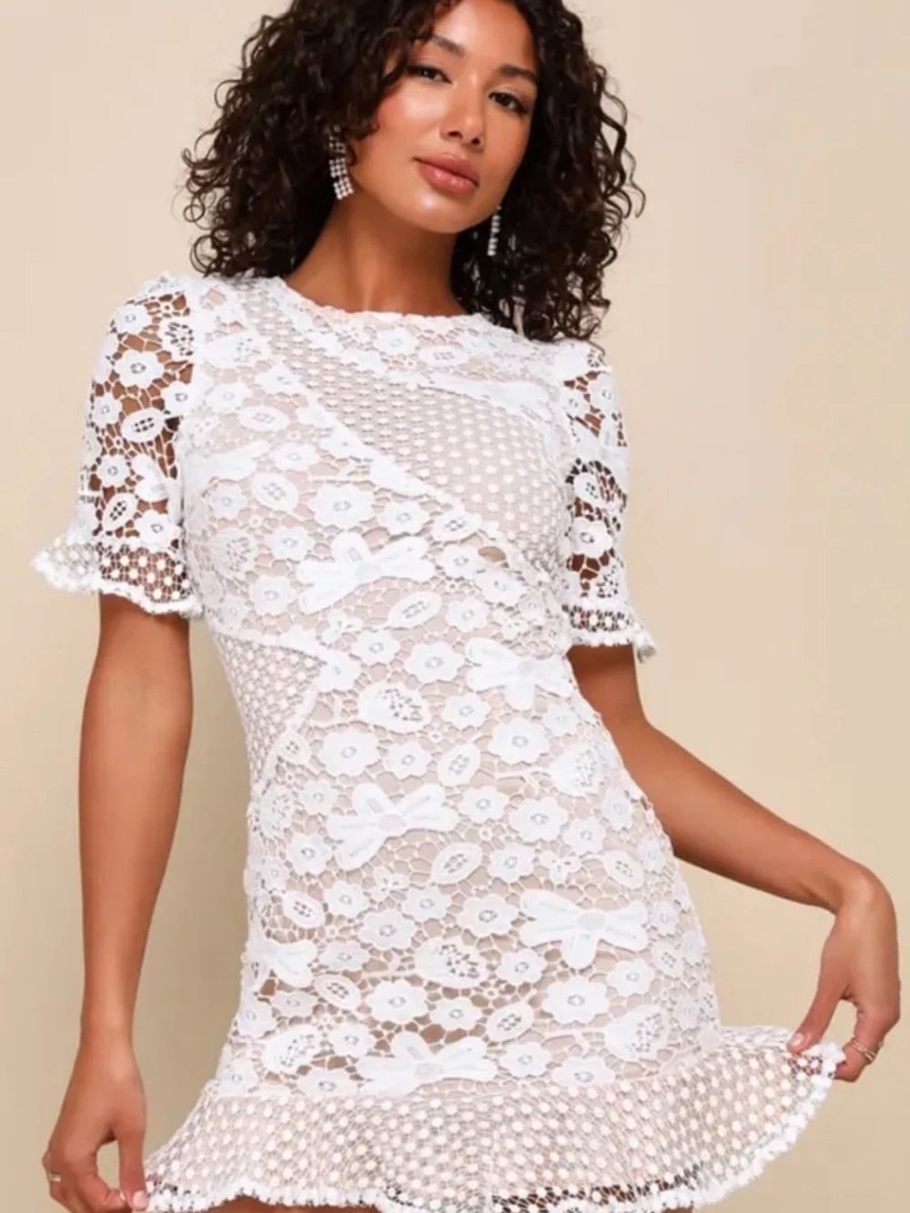 My Dearest White Lace Short Sleeve Mini Dress (Originally $69) - Size Small